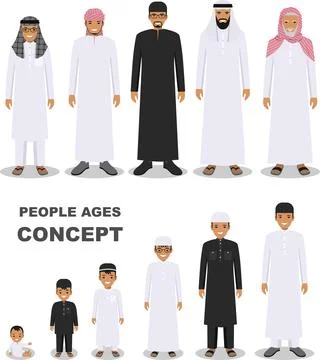 Arab people generations at different ages isolated on white background Stock Illustration