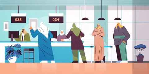 Arab people looking at display number board in waiting room electronic queuing Illustrazione stock