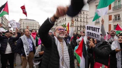 Arab People shouting during Pro-Palestine Protest in Puerta Del Sol_2 Stock Footage 254366903