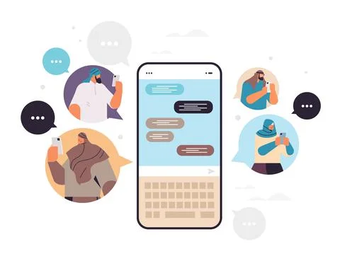 Arab people typing message on smartphone arabic men women chatting in mobile app Stock Illustration