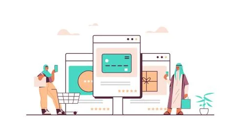 Arab people using smartphone application for online shopping ordering and paying Stock Illustration