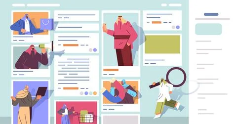 Arab people in web browser windows using computer applications digital marketing Stock Illustration