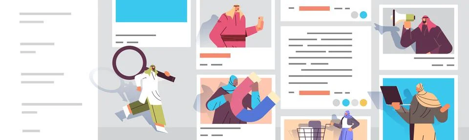 Arab people in web browser windows using computer applications digital marketing Stock Illustration