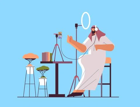 Arab podcaster talking to microphone recording video blog in studio podcasting Stock Illustration