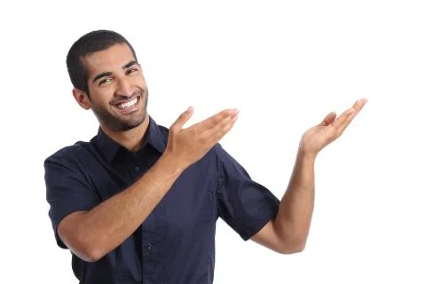 Arab presenter man presenting something Stock Photos