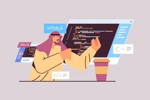 Arab programmer writing code for computer app engineering software coding Stock Illustration