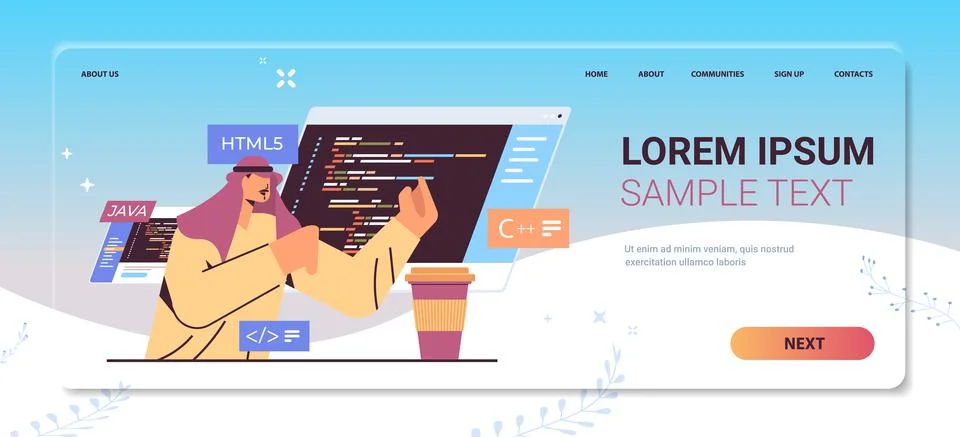 Arab programmer writing code for computer app engineering software coding Stock Illustration