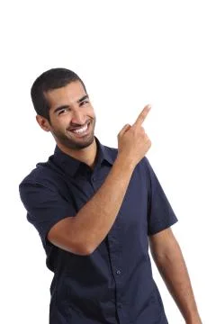 Arab promoter man presenting while pointing at side Stock Photos