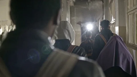 Arab Refugees Walking in Destroyed Building Stock Footage 78739367