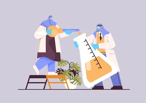 Arab research scientist team loading liquid sample in test tube with pipette Stock Illustration