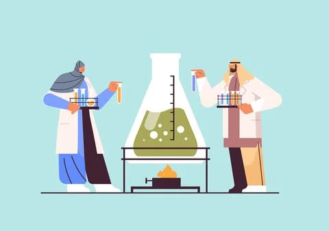 Arab research scientist working with test tube arabic researchers making Stock Illustration