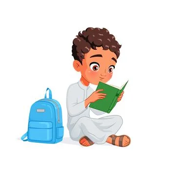 Arab school boy reading book sitting on the floor. Cartoon vector illustration. Stock Illustration