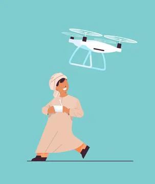 Arab schoolboy controlling air drone with wireless remote controller smiling boy Stock Illustration