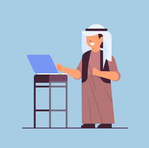 Arab schoolboy using laptop smiling boy with gadget education concept Stock Illustration