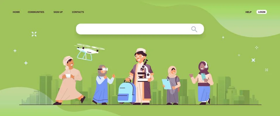 Arab schoolchildren using digital gadgets arabic school clildren having fun Stock Illustration