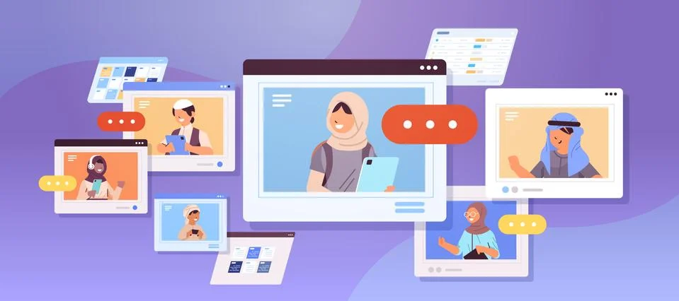 Arab schoolchildren using digital gadgets arabic pupils discussing in web Stock Illustration