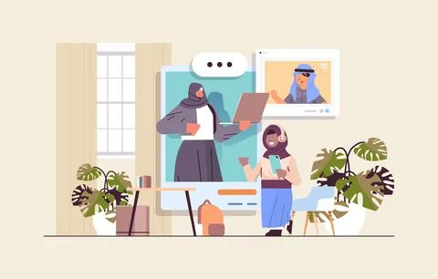 Arab schoolchildren in web browser windows discussing with teacher during video Stock Illustration