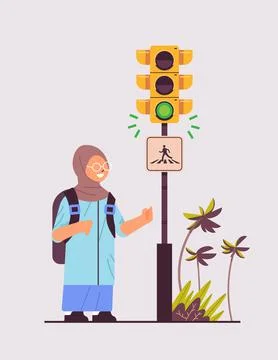 Arab schoolgirl with backpack waiting for green traffic light to cross road on Stock-Illustration