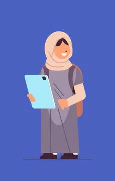 Arab schoolgirl using tablet pc smiling girl with gadget Stock Illustration