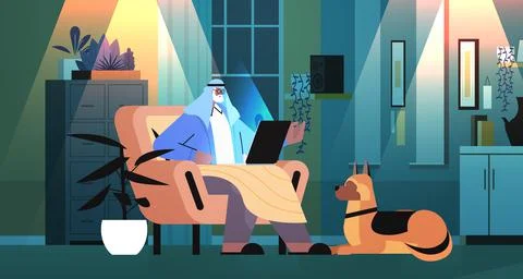 Arab senior man using laptop arabic grandfather with dog working in dark night Stock Illustration
