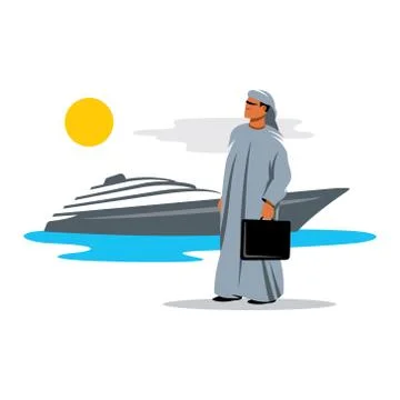 Arab sheikh on the background of yachts. Vector Illustration Stock Illustration