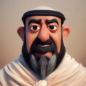 Arab sheikh witn long beard portrait. Animated movie character design isolate Stock Illustration