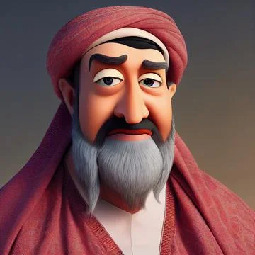 Arab sheikh witn long beard portrait. Animated movie character design isolate Stock Illustration