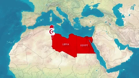 Arab Spring Spread Map Animation Highlighting Tunisia, Libya, and Egypt Stock Footage 343073567