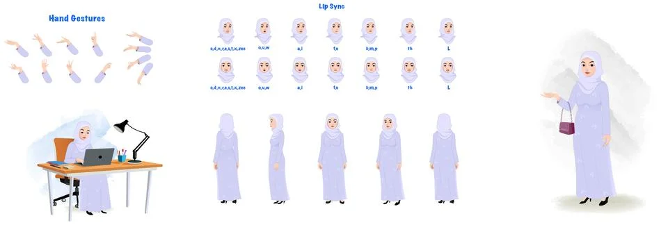 An arab student character model sheet. Arab School girl creation set. Stock Illustration
