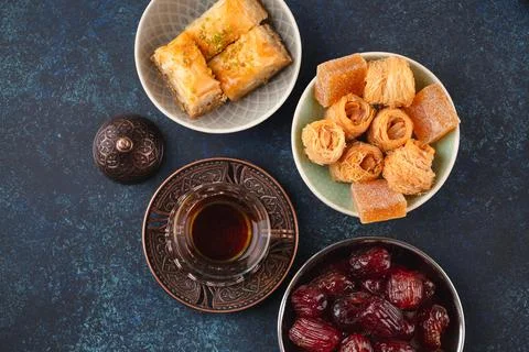 Arab tea and sweets Stock Photos