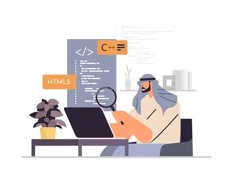 Arab web developer creating program code on laptop screen development of 스톡 일러스트