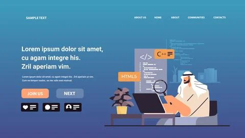 Arab web developer creating program code on laptop screen development of Stock Illustration