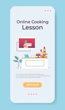 Arab woman preparing cake while watching video tutorial with chef in web browser 스톡 일러스트