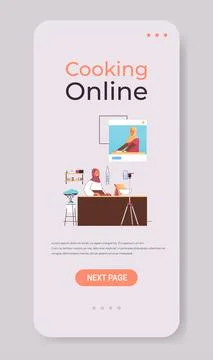Arab woman preparing dish while watching video tutorial with chef in web browser Stock Illustration