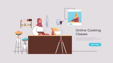 Arab woman preparing dish while watching video tutorial with chef in web browser イラスト素材