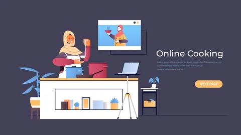 Arab woman preparing dish while watching video tutorial with chef in web browser Stock Illustration