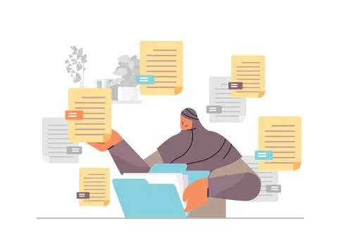 Arab woman sorting documents female secretary organizing folder file manageme 库存插图