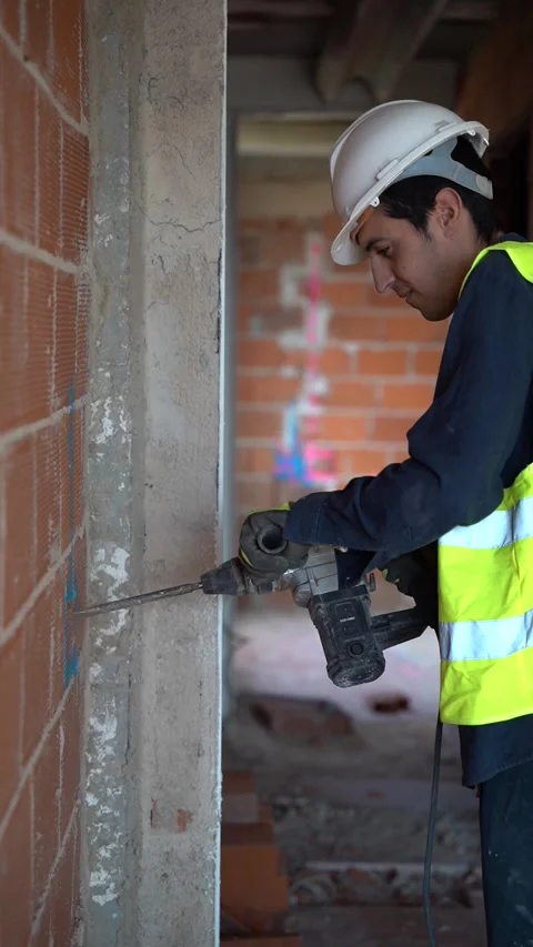 Arab young worker using a jackhammer to open some holes in the brick wall o.. Stock Footage 242036440