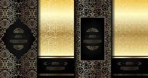 Arabesque abstract eastern element classy black and gold background card temp Stock Illustration