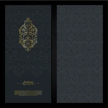 Arabesque abstract eastern element dark and gold background card template vec Stock Illustration