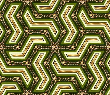 Arabesque green pattern with gold elements, chains Stock Illustration