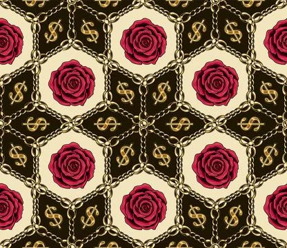 Arabesque pattern with gold chain, beads, rose Stock Illustration