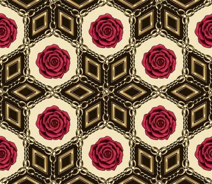 Arabesque pattern with gold chain, beads, roses Stock Illustration