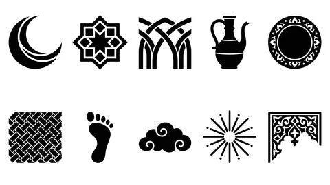 Arabian and islamic traditional elements black glyph icons set, cultural de.. Stock Illustration