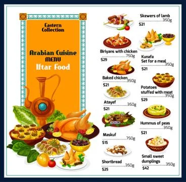 Arabian cuisine traditional dishes food menu Stock Illustration