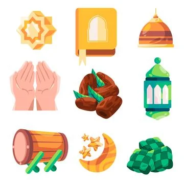 Arabian Islam Ramadhan object set collection from Quran book dome mosque to Illustrazione stock