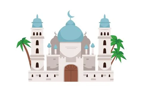 Arabian Mosque building with elegant dome and palm trees, flat vector Ilustración de archivo