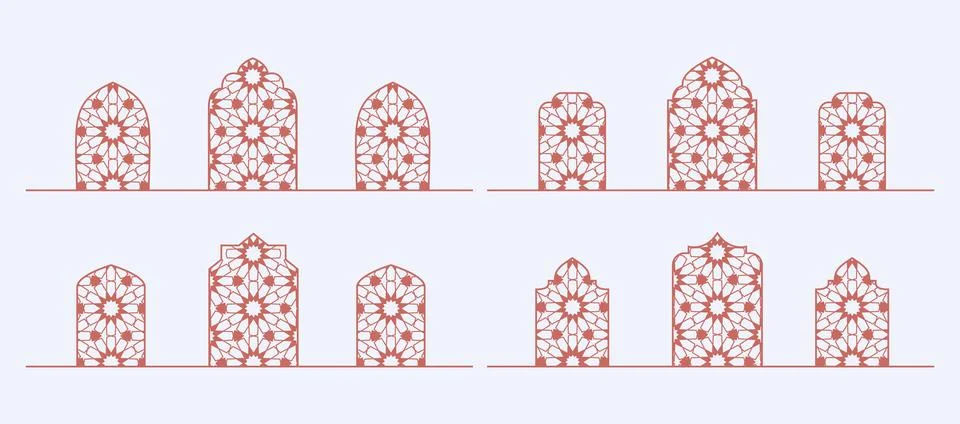Arabian mosque window, arch, gate. Decorative lace ornamental arc, door. Line Stock Illustration
