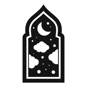 Arabian nights, mosque window showing crescent moon and clouds Ilustración de archivo