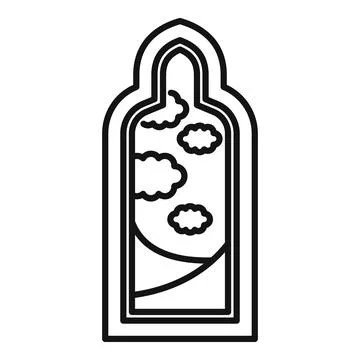 Arabian window showing cloudy sky and desert landscape line art icon Stock Illustration